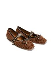 bliss altın kapsül toka detaylı fiyonklu peluş kadın babet - kahve 2