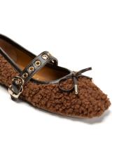 bliss altın kapsül toka detaylı fiyonklu peluş kadın babet - kahve 3