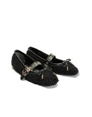 bliss altın kapsül toka detaylı fiyonklu peluş kadın babet - siyah 2