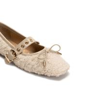 bliss altın kapsül toka detaylı fiyonklu peluş kadın babet - bej 3