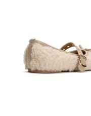 bliss altın kapsül toka detaylı fiyonklu peluş kadın babet - bej 4