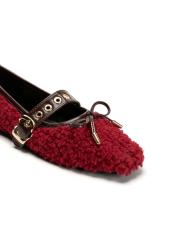 bliss altın kapsül toka detaylı fiyonklu peluş kadın babet - bordo 3