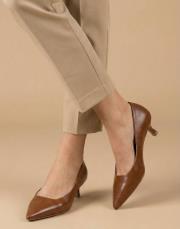 start rustik vegan deri sivri burun topuklu ayakkabı taba