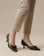 ribbon rustik vegan deri sivri burun fiyonklu topuklu ayakkabı kahve