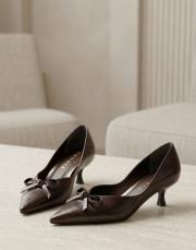 ribbon rustik vegan deri sivri burun fiyonklu topuklu ayakkabı kahve 2