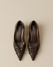 ribbon rustik vegan deri sivri burun fiyonklu topuklu ayakkabı kahve 3