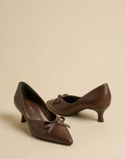 ribbon rustik vegan deri sivri burun fiyonklu topuklu ayakkabı kahve 5