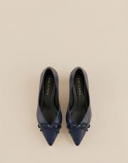 ribbon rustik vegan deri sivri burun fiyonklu topuklu ayakkabı lacivert 2