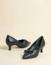 ribbon rustik vegan deri sivri burun fiyonklu topuklu ayakkabı lacivert 4