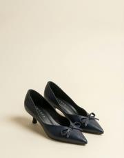 ribbon rustik vegan deri sivri burun fiyonklu topuklu ayakkabı lacivert 7