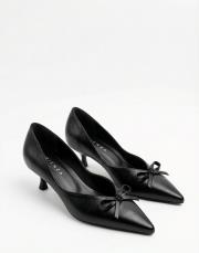 ribbon rustik vegan deri sivri burun fiyonklu topuklu ayakkabı siyah 3