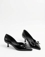 ribbon rustik vegan deri sivri burun fiyonklu topuklu ayakkabı siyah 5