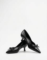 ribbon rustik vegan deri sivri burun fiyonklu topuklu ayakkabı siyah 6