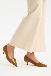 slıde toka detaylı vegan süet sivri burun topuklu ayakkabı taba 4