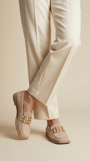 the best hakiki süet deri altın yazılı küt burun bayan loafer bej