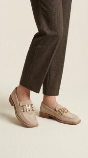 the best hakiki süet deri altın yazılı küt burun bayan loafer bej 2