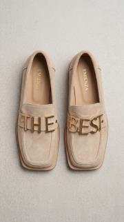 the best hakiki süet deri altın yazılı küt burun bayan loafer bej 3